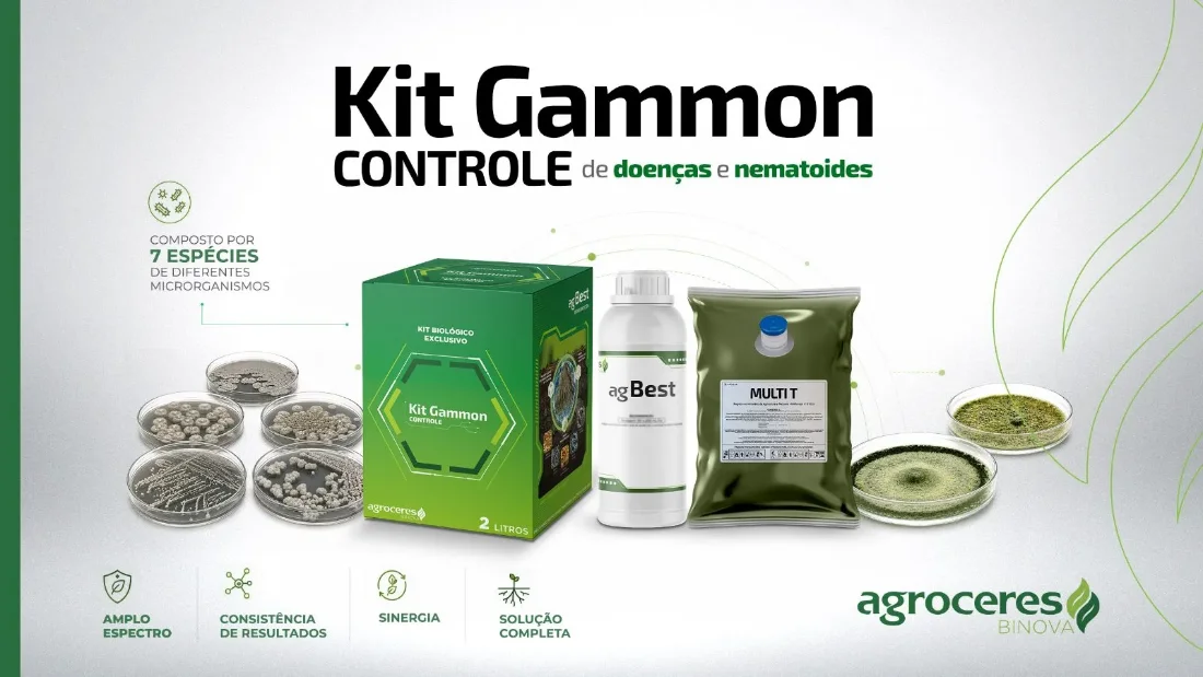 Key visual do Kit Gammon Agroceres Binova com embalagens, referências microbiológicas e informações sobre doenças e nematoides