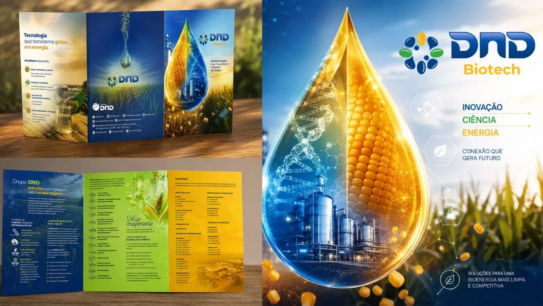 Identidade visual da DND Biotech com gota integrada a milho, laboratório e estruturas industriais, além de aplicações gráficas