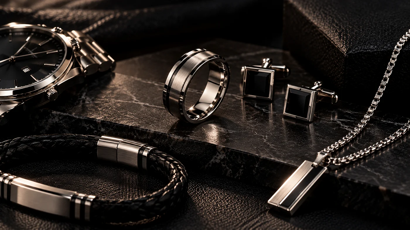Linha masculina com anel, abotoaduras, pulseira e corrente em aço